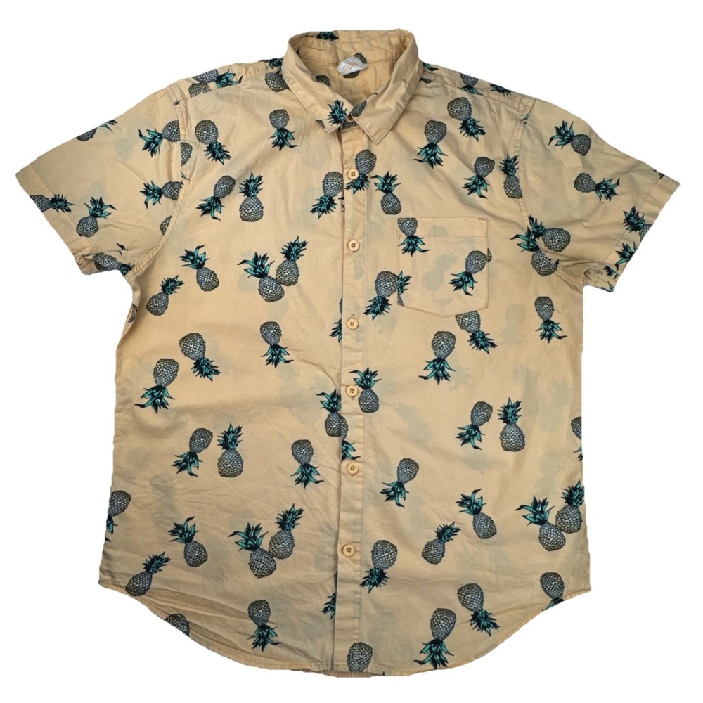 Urban Heritage Mens Button Up Shirt Medium Tan‎ Cotton Pineapple Print Festival